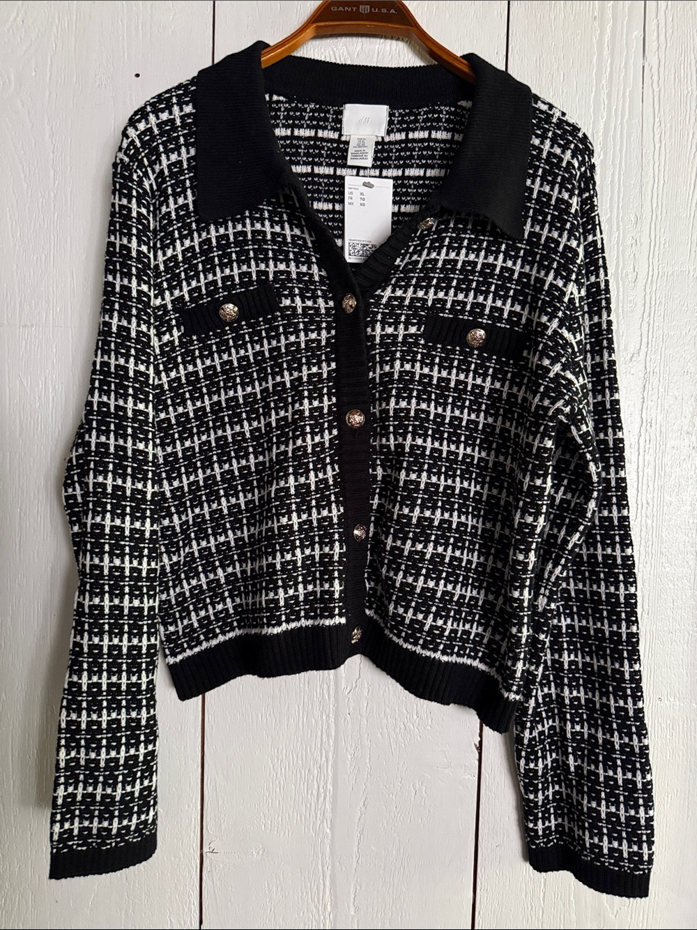 H&M Black and White Tweed Collared Cardigan